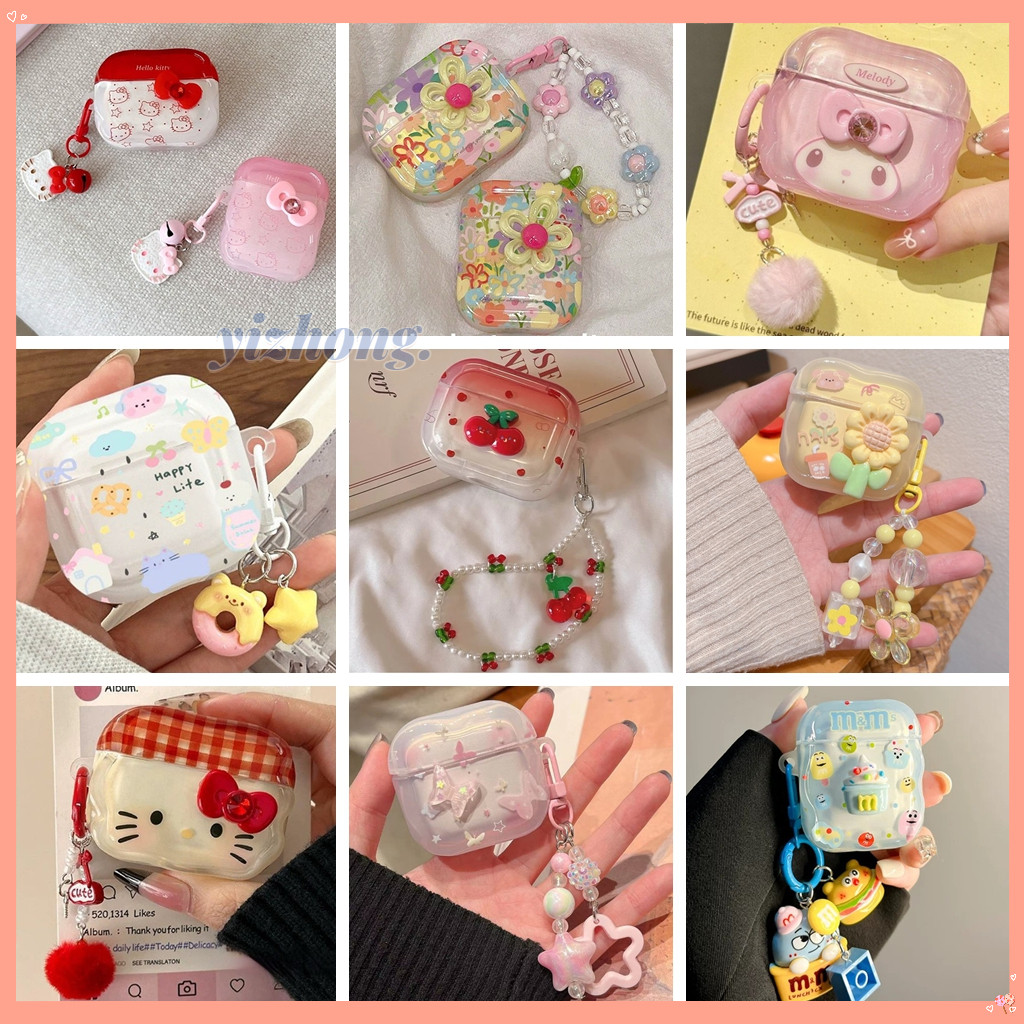 หูฟังสําหรับ Airpods 4 Pro 3 2 1 Girly Sweet Cherry Hello Kitty Melody ผีเสื้อดอกไม้สีสันสดใส Soft TPU กันกระแทกบลูทูธไร้สายหูฟังพร้อมจี้ป้องกันการสูญหาย