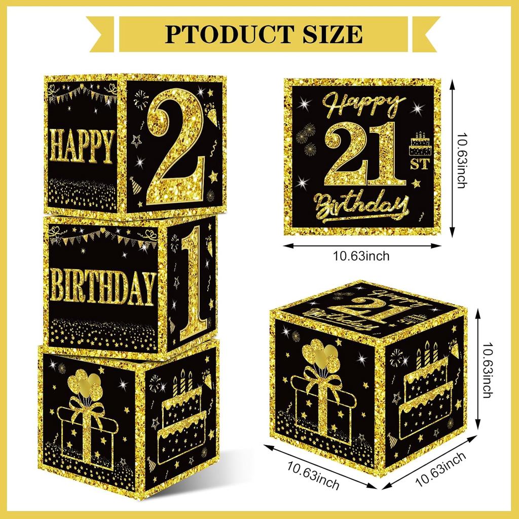 Eiurteao 3pcs 21st Birthday Decorations Boxes for Girls Boys, Black Gold Happy 21 Birthday Balloons 