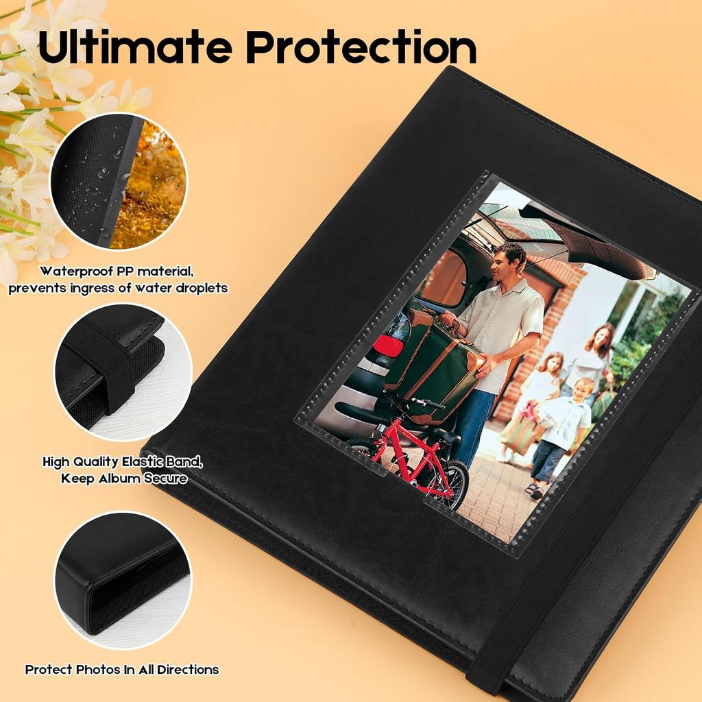 Aevdor Photo Album 4x6, Leather Cover 4x6 Photo Album Black Inner Pages with DIY Front Window, 136 P