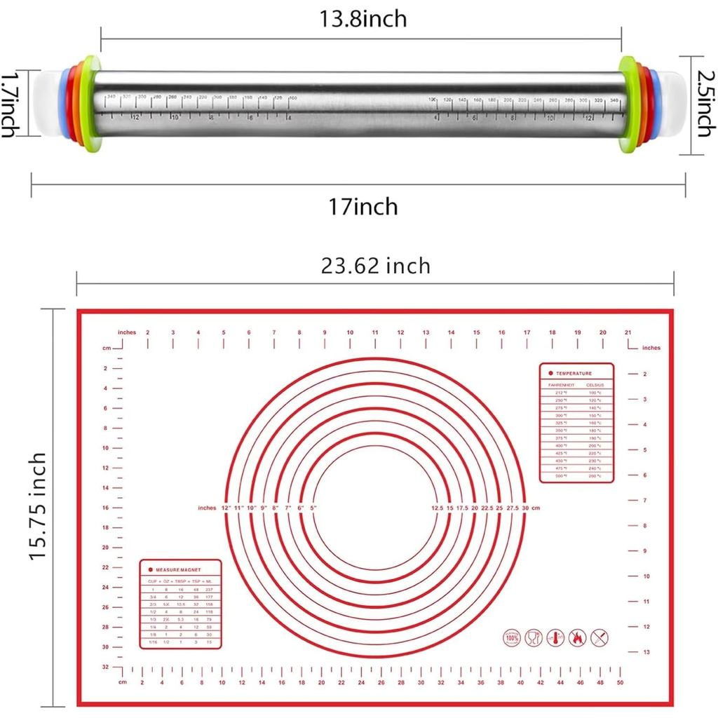 Stainless Steel Rolling Pin and Silicone Mat Set, Adjustable Thickness Rings - For Baking Dough, Piz