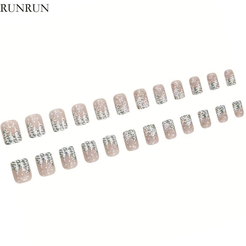 RUN 24x French Snowflake Press On Nail Stick บนเล็บต้นคริสต์มาสเล็บปลอม