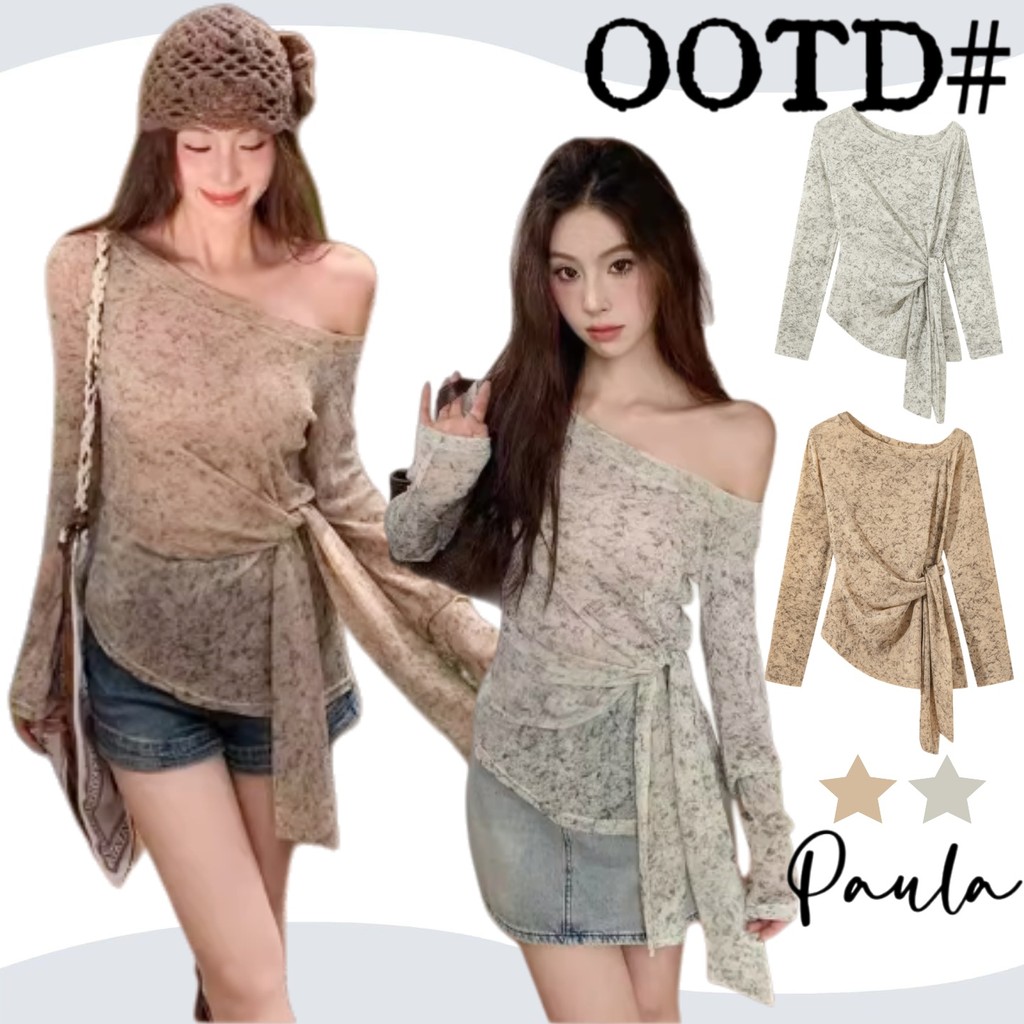 Paula พร้อมส่ง🌴เสื้อยืดผู้หญิง🌴เปิดไหล่ แขนยาว ไปคาเฟ่ ดีไซน์มีเซือกผูกเอว เข้ารูป ใส่แล้วดูผอม เข้ารูป ผ้านิ่มมาก