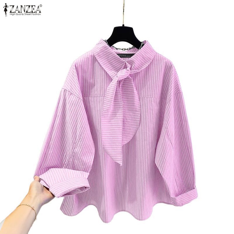 เสื้อเบลาส์ลายทางแขนยาวทรงหลวมสไตล์เกาหลี สำหรับผู้หญิง แบบผูกเชือก ZANZEA