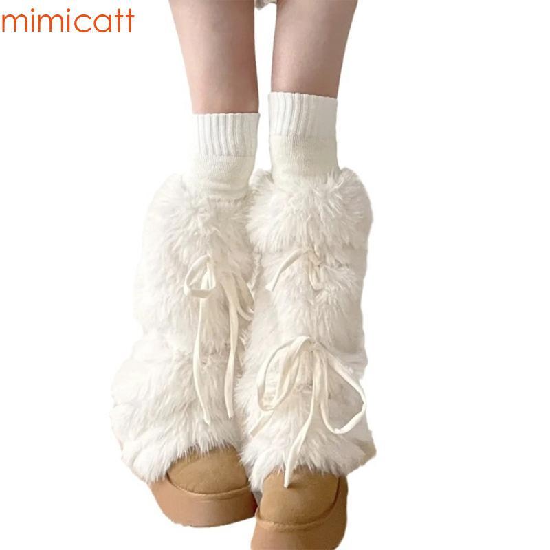 Mim ผู้หญิง Vintage Fuzzy Boot Cover ริบบิ้นโบว์ อุ่นเท้าสำหรับฤดูหนาว