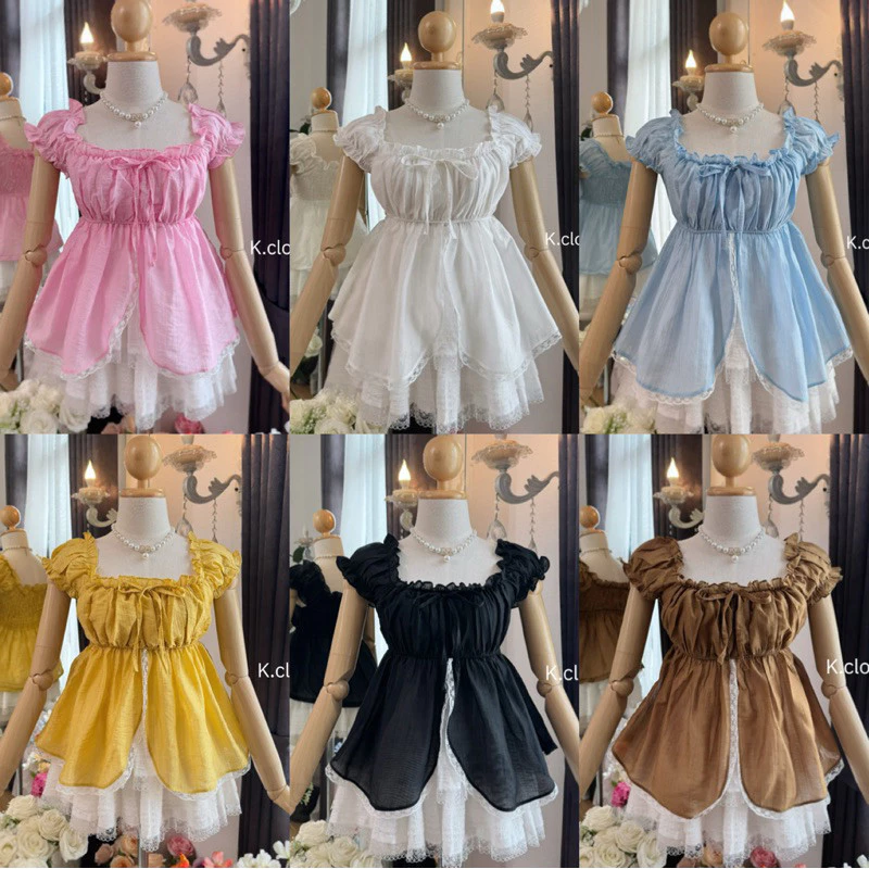 สาวอวบใส่ได้อกถึง44 💗เสื้อแขนตุ๊กตาชายลูกไม้ทรงเจ้าหญิง ผ้าโรซี่ (ผ้าเนื้อบาง)