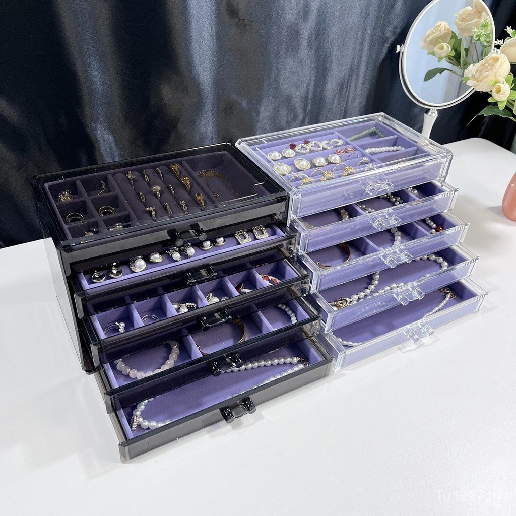 Flannel ต่างหูเก็บหลายชั้นกล่องเครื่องประดับห้าชั้น Anti-Oxidation ประณีตสร้อยคอสีม่วงแหวน High-End 