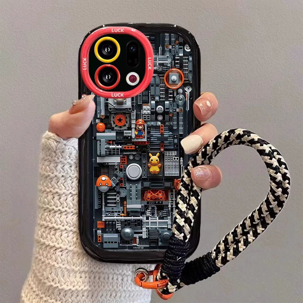 สําหรับ OPPO Find X9 Case OPPO Find X9 Pro Building Blocks, Mario Phone Case, Airbag Lanyard, Silicone Full Package, Anti-Drop Internet Red