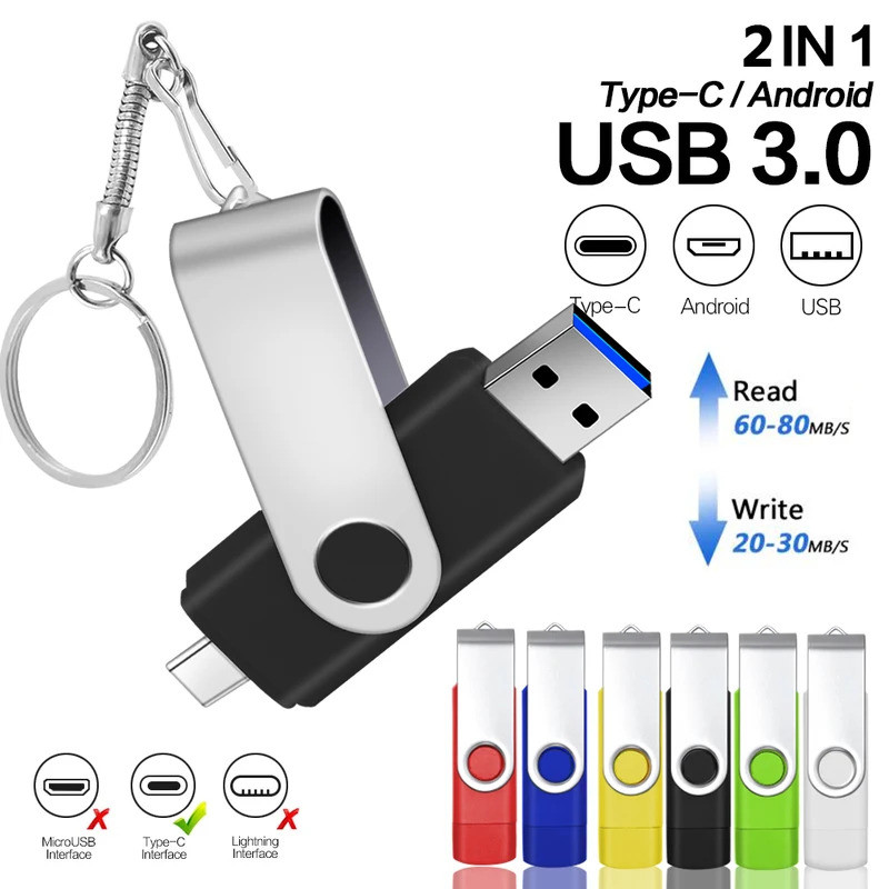 TYPE C USB 3.0 แฟลชไดรฟ์ปากกาโลหะ Drive128GB64GB 32GB16GB 8GB Memory Stick 2IN1 ความเร็วสูง Pendrive