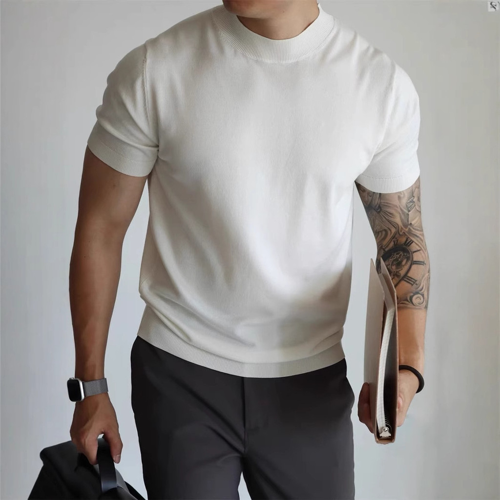 คอกลมผู้ชายเกาหลีสลิมฟิตปกสีทึบสบายๆบางครึ่งแขนถักด้านบนเสื้อยืด 11.10