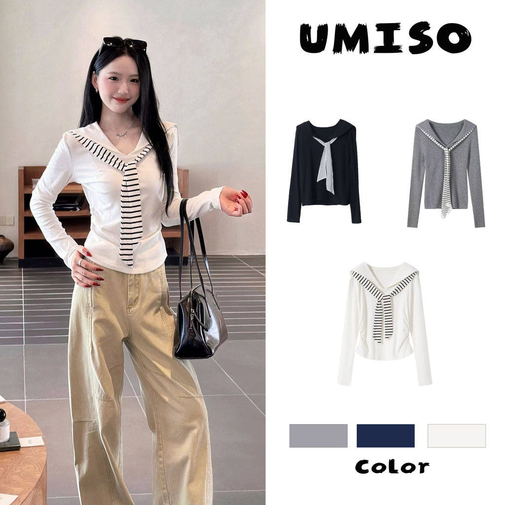 ส่งจากไทยทุกวัน เสื้อเชิ้ตแขนยาว เสื้อคอปก  ผูกโบว์ลายทาง ทรงเข้ารูปช่วงเอว ผ้าเนื้อนุ่ม UMISO
