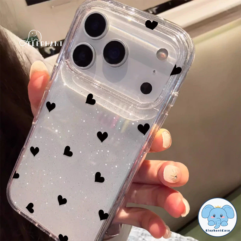 น่ารักครีมหมี15 สำหรับ IPhone 13 17 AIR 16 12 11 15 14 Pro Max XR X XS 6 7 8 15 14 Plus เคสใสเนื้อกลิตเตอร์หัวใจรักสีดำ