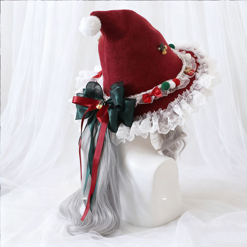 Lolita Christmas Bow Plush Lace Miko Hat Christmas Miko Hat Lolita Miko Hat