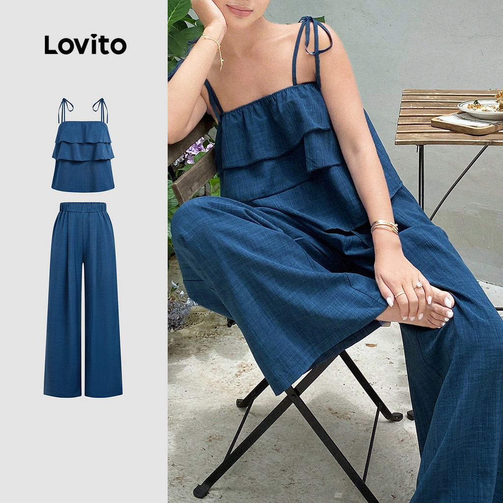 Lovito เสื้อหรือกางเกงแบบสไลด์สองชั้นสำหรับฤดูใบไม้ผลิ/ฤดูร้อน สีฟ้า ผู้หญิง L157LD022