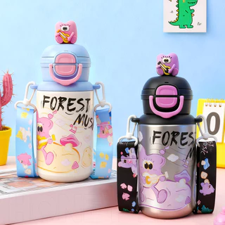 HoneyLion กระติกน้ำ การ์ตูน 480ml เก็บความเย็น 2 วิธีดื่ม กันรั่ว - มีสายคล้องปรับระดับได้ สแตนเลส 316 พกพาสะดวก