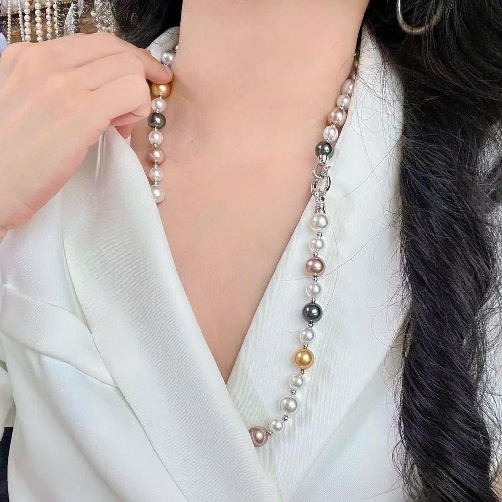 [ดาซิน] N1185 สร้อยคอมุกเทียม, เข็มกลัดทรงกลมสีเงินแข็ง, ลูกปัดมุกสีทอง, หรูหราสําหรับผู้หญิง