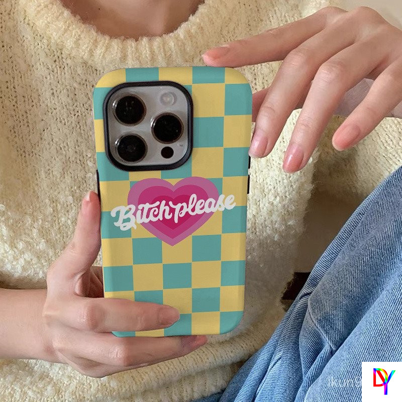 สีเหลืองสีฟ้า Checkerboard Heart iPhone กรณีสองชั้น Anti Drop Glossy สําหรับ iPhone 17 Pro Max/17/16/15 Pro Max/15/14/13 Pro/11 Pro Max/XS Max/7/8 Plus Ins สไตล์เต็มรูปแบบ