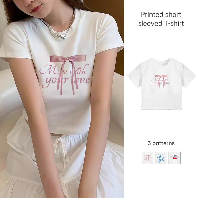 🌸ส่งไวจากไทย🌸 Women Daily Casual T-shirt Cute Printed Short Sleeved T-shirt Y2K Style Retro Short To