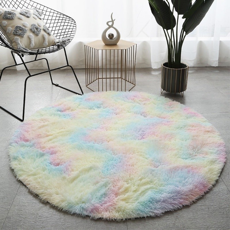 [SG] 1M round rainbow colourful fluffy soft carpet home room for bedroom decoration Mat Round