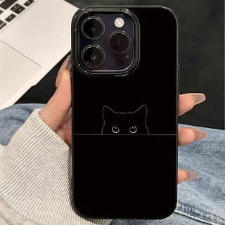 เคสโทรศัพท์กันกระแทกสีดำเงาสไตล์แมวดำสุดเก๋ For iPhone 16 15 14 13 12 11 Pro Max 14 15 16 Plus Xr Xs Max 7 8 Plus SE2020