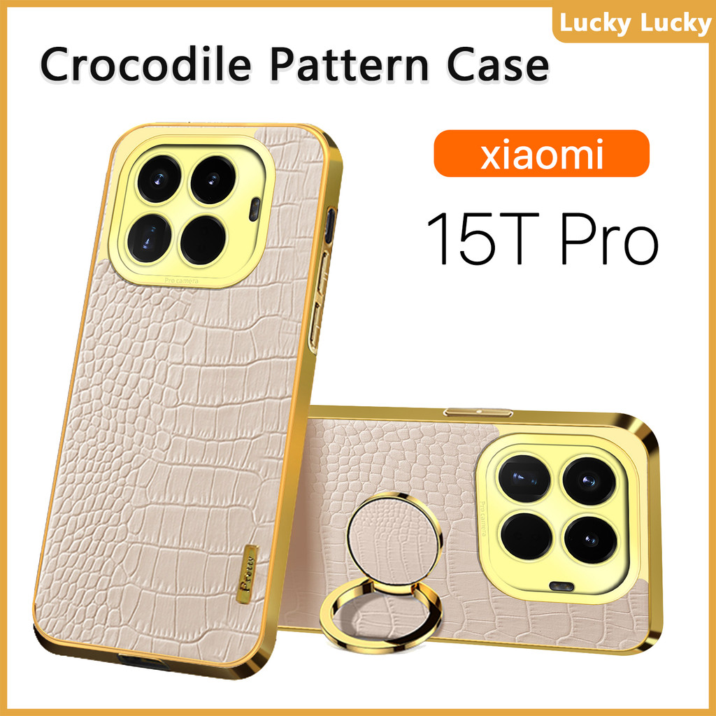 เคส Xiaomi 15T Pro Xiaomi 15 นุ่ม ลายจระเข้ ที่วางแหวนนิ้ว ฝาครอบ PU กล้องปกป้องเต็มรูปแบบ ชุบทอง บาง ความรู้สึกที่ยอดเยี่ยม ป้องกันลายนิ้วมือ ซับในกระจายความร้อน