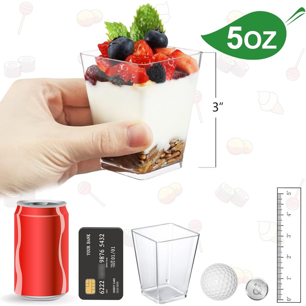 Eupako 50 Pack 5 oz Square Clear Plastic Dessert Cups Small Clear Plastic Tumbler Cups Great for Des