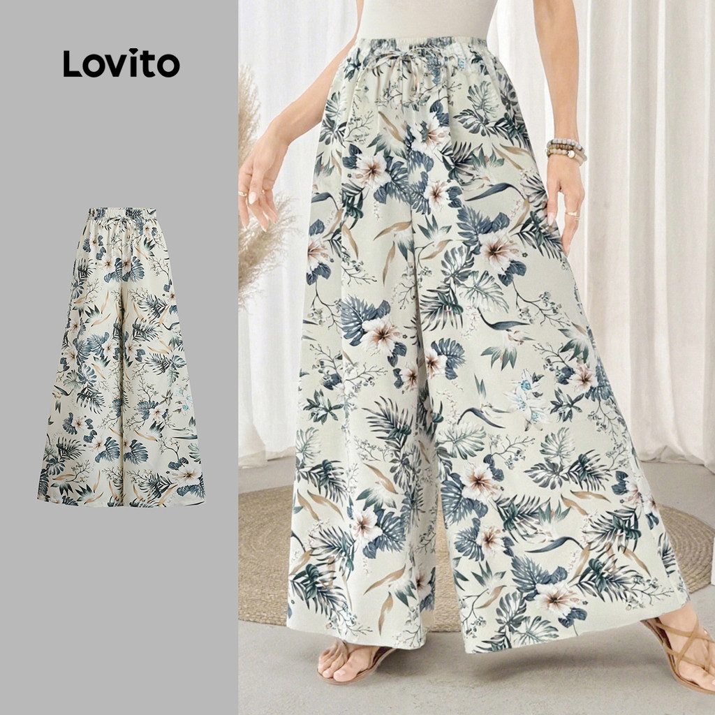 Lovito กางเกงโบโฮ สกินเฟรนด์ลี่และสบาย สำหรับผู้หญิงในฤดูใบไม้ผลิ/ฤดูร้อน L138ED416