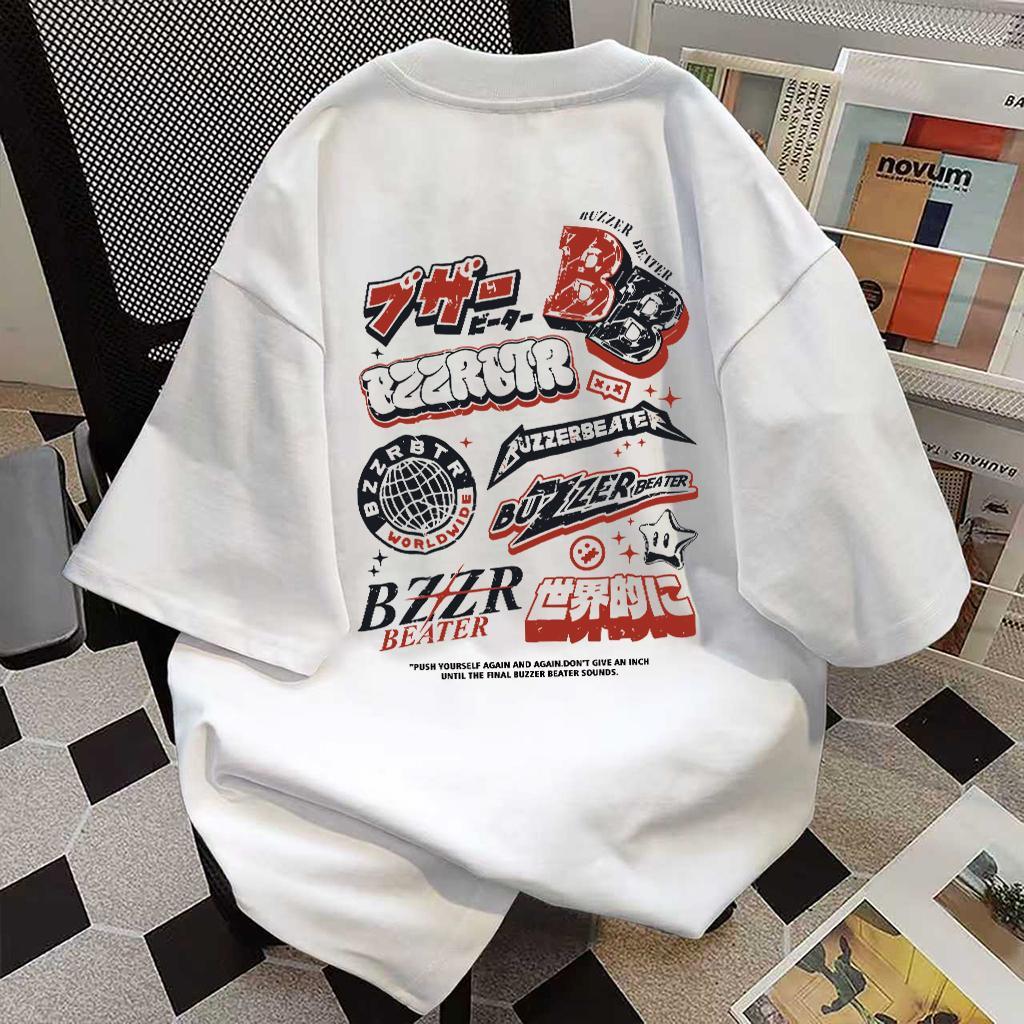 (ผ้าฝ้าย 100%) Luvoro 2025  oversize T-shirt unisex ลาย เนื้อผ้านุ่มระบายอากาศดี แขนสั้น ใส่สบาย สีดำและสีขาว C1431