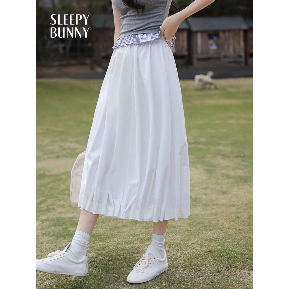 SLEEPY BUNNY กระโปรง midi สไตล์ A-line สำหรับผู้หญิง ทรงหลวม ระบายแบบ tulip พร้อมเอวสูงและยางยืด
