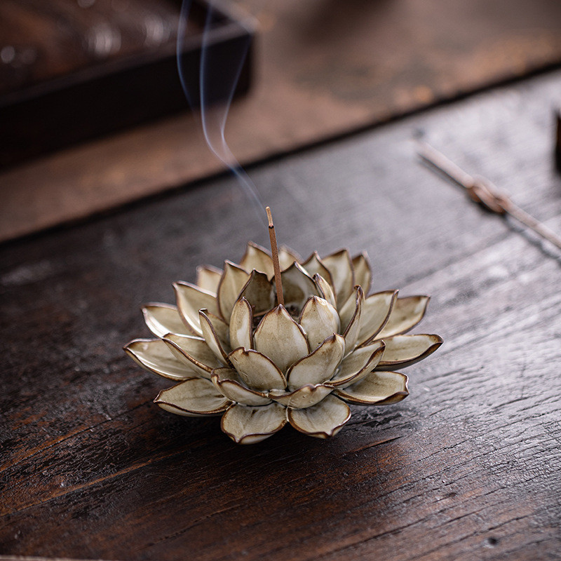 Ceramic Incense Burner Lotus Incense Stick Holder Sage Green Glaze Vintage Buddhist Lotus Flower Yog