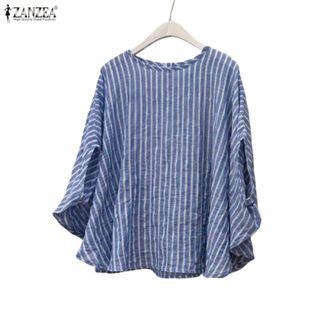 ZANZEA ซานเซีย เสื้อลายเสื้อหลวม สไตล์เกาหลี คอรอบ 3/4 แขนค้…