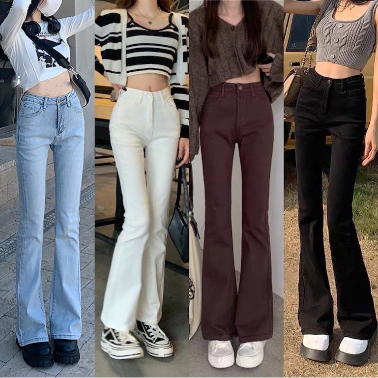 XS-2XL กางเกงยีนส์รูปทรงเวดจ์สูง ผู้หญิง ยืดหยุ่น โชว์ความเรียว สำหรับรูปร่างรูปไข่ กางเกงรูปทรงหัวม