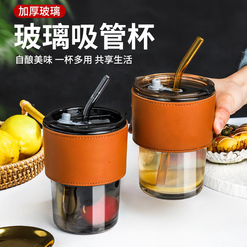 Influencer Bamboo Cup Creative Transparent Glass Straw Cup Portable Lid ins Feng Shui Cup Milk Coffe