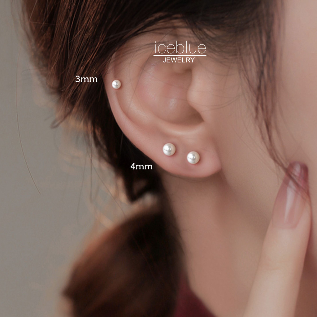 Iceblue-Hypoallergenic S999 Pure Silver Mini Pearl Stud ต่างหู 3 มม.4 มม.5 มม.6 มม.คลาสสิก Graceful กันน้ํา Non Tarnish ต่างหูผู้หญิง E132