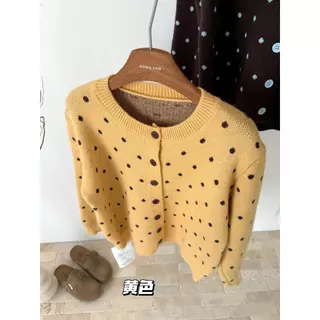 Chili Koko เสื้อคาร์ดิแกนถักคอกลมแขนยาวลายจุดสำหรับผู้หญิง กระดุมแถวเดียว เสื้อโค้ทสเวตเตอร์แขนยาวลำลอง 88040