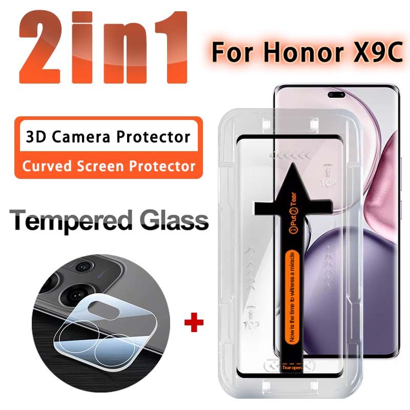 2 ใน 1 ฟิล์ม Honor X9C ฟิล์มกระจกนิรภัย สำหรับ Honor X9C X9B X9A 200 100 90 70 60 50 Pro Plus Magic 8 7 6 Pro Lite ฟิล์ม 3D สำหรับเลนส์กล้อง & ฟิล์มกันรอยหน้าจอ กล่องมหัศจรรย์ ติดตั้งง่าย