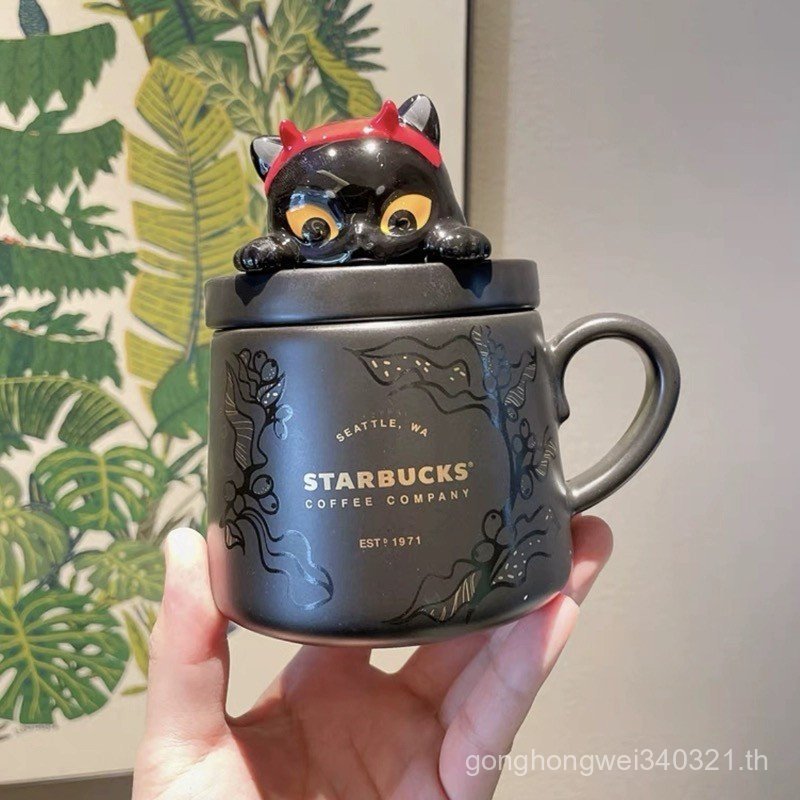 Breeze Cup.Starbucks Ceramic coffee mug Black cat cartoon pattern with lid, gift, 385 ml. Y7AI - รูปที่ 6