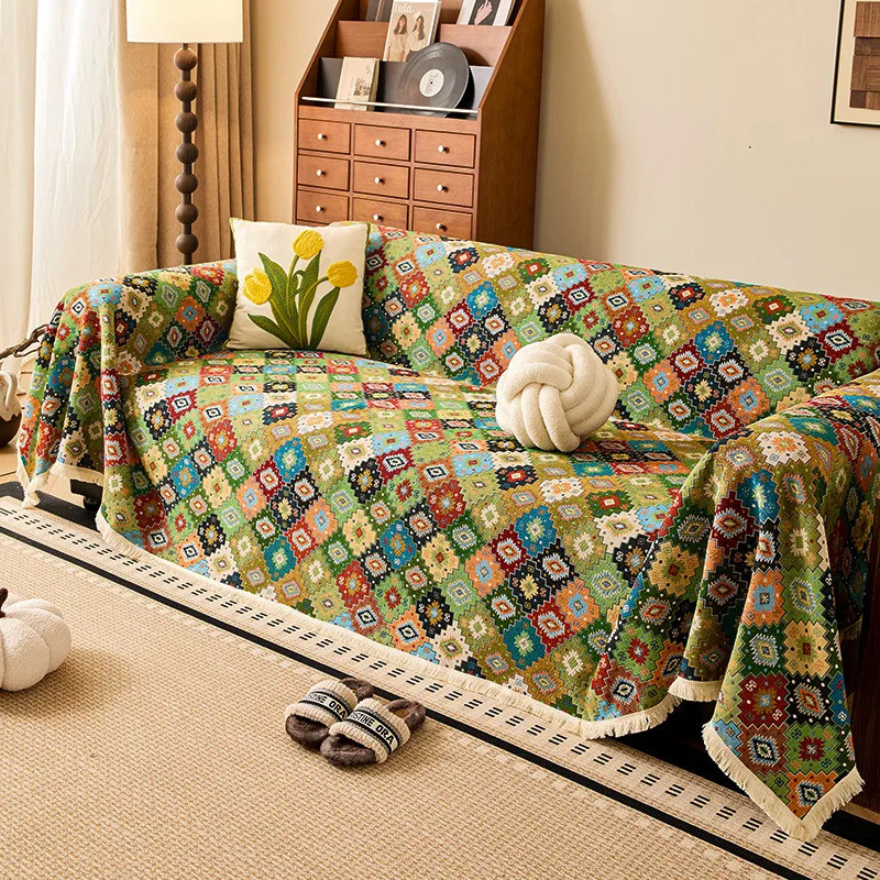 Bohemian Jacquard Cotton Linen Sofa Cover All-Season One-Piece Anti Scratch Sofa Towel Color Plaid M
