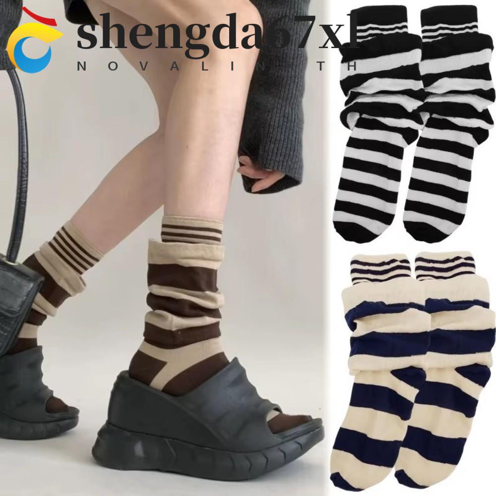 SHENGDA 4 คู่ถุงเท้าลายกอง, หลวม Patchwork Ruffle Stripe Stocking, หนานุ่มอุ่นสบายถุงเท้ากลางหลอดสาว