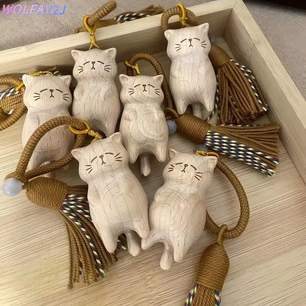 พวงกุญแจแมวนำเข้าจากไม้ งานฝีมือ handcrafted พร้อมจี้แมวและตัวประดับกระเป๋า
