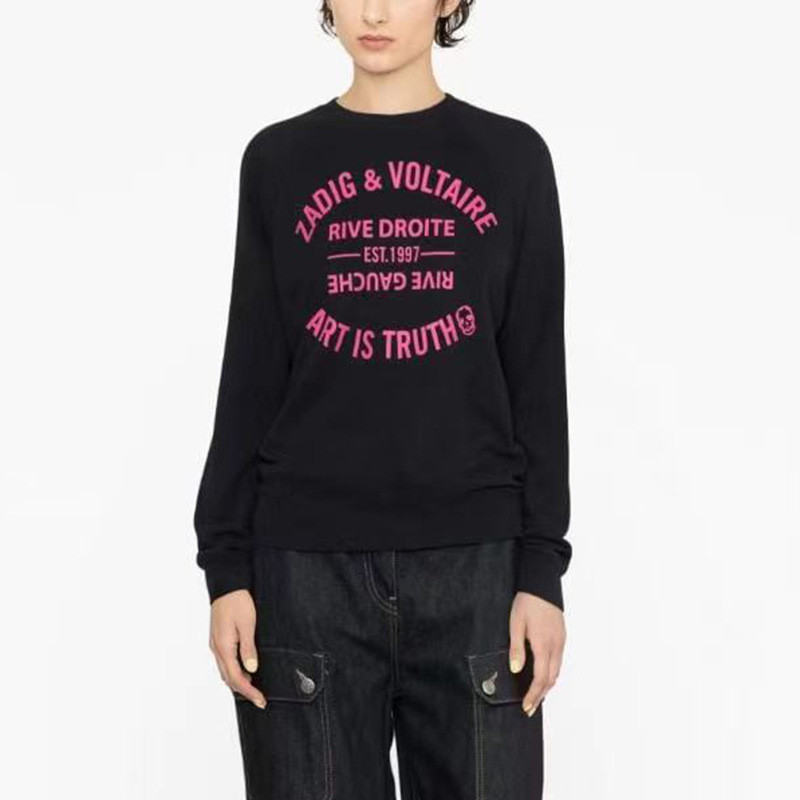 YWC8 ZADIG&VOLTAIRE 23Early Autumn New French Niche Classic Letter Print Raglan Sleeve Cotton Navy B