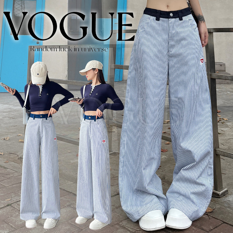 Vogue🌟พร้อมส่ง🌟 กางเกงขายาวเอวสูง ดีเทลลายทางปักหัวใจ สไตล์มินิมอล (NZ6088)