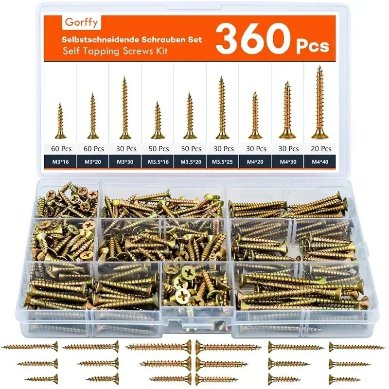 360PCS Self-Tapping Wood Screws Set - M3/M3.5/M4 Countersunk Head Screws for DIY Woodworking & Repai
