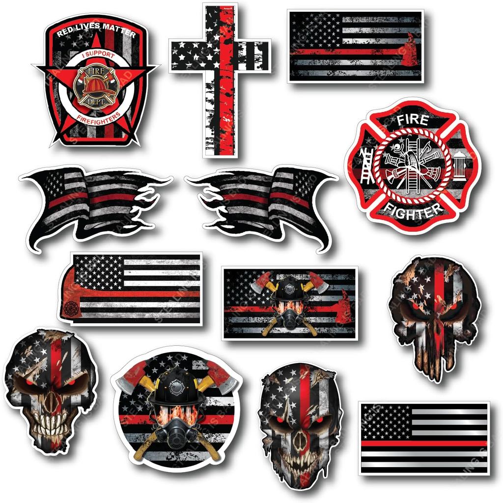 Mega Variety Pack of 13 Thin Red Line สติ๊กเกอร์นักผจญเพลิง Fire รถบรรทุก Red Lives Matter Decal สติ