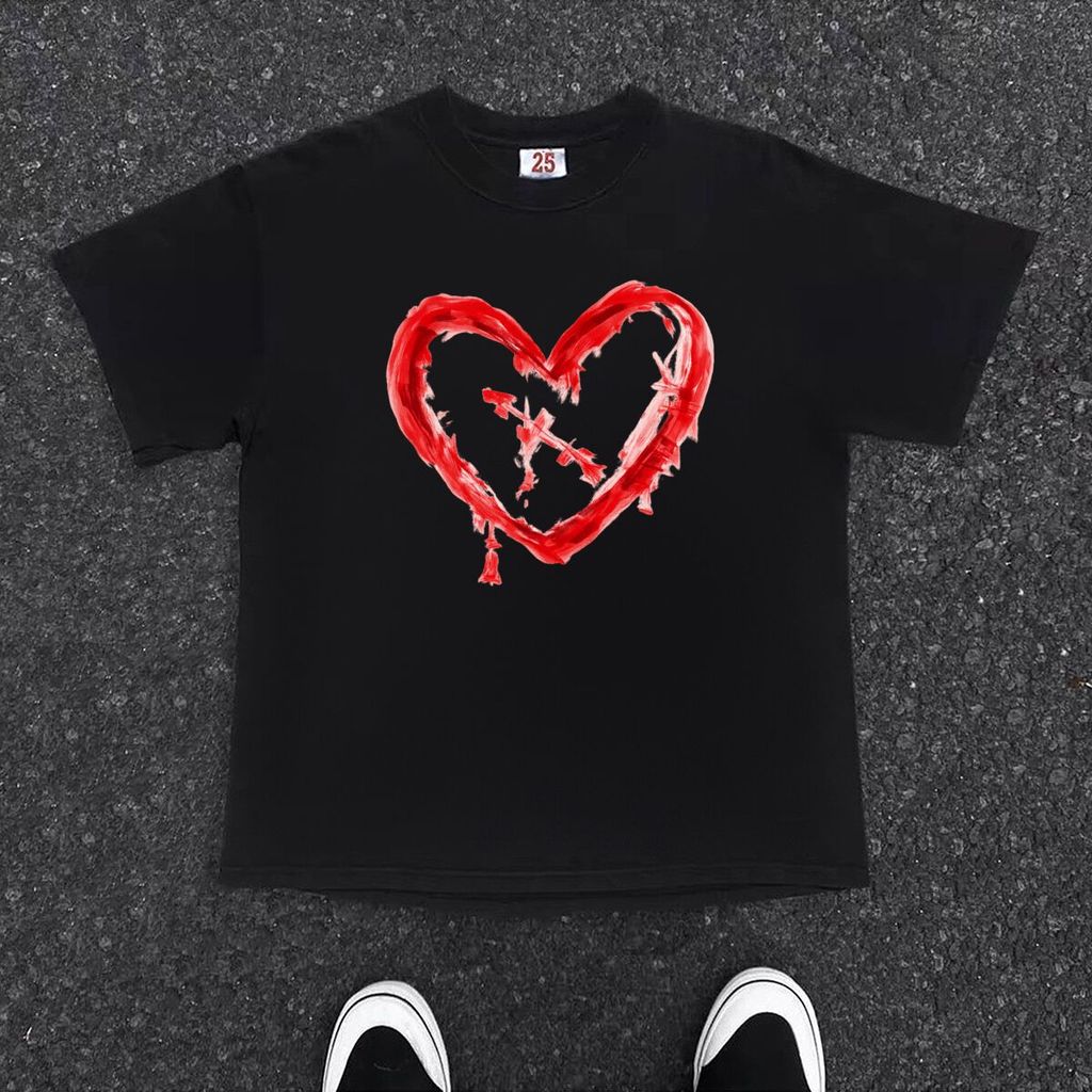 เสื้อยืดสีดํา "Broken Heart Arrow": Cotton Combin 24s, ของแท้ 100%, เทรนด์, เสื้อยืดคุณภาพสูง DTF