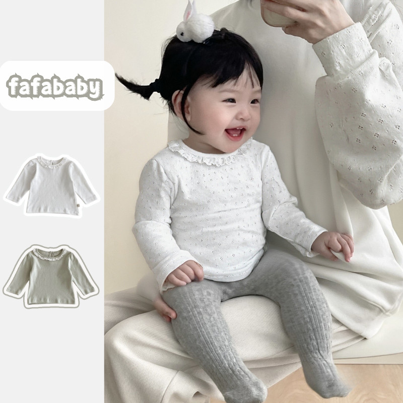 เสื้อยืดเด็กแขนสั้นผ้าฝ้าย สีพื้น คอปักลูกไม้ น่ารัก สำหรับเด็กอายุ 0-24 เดือน