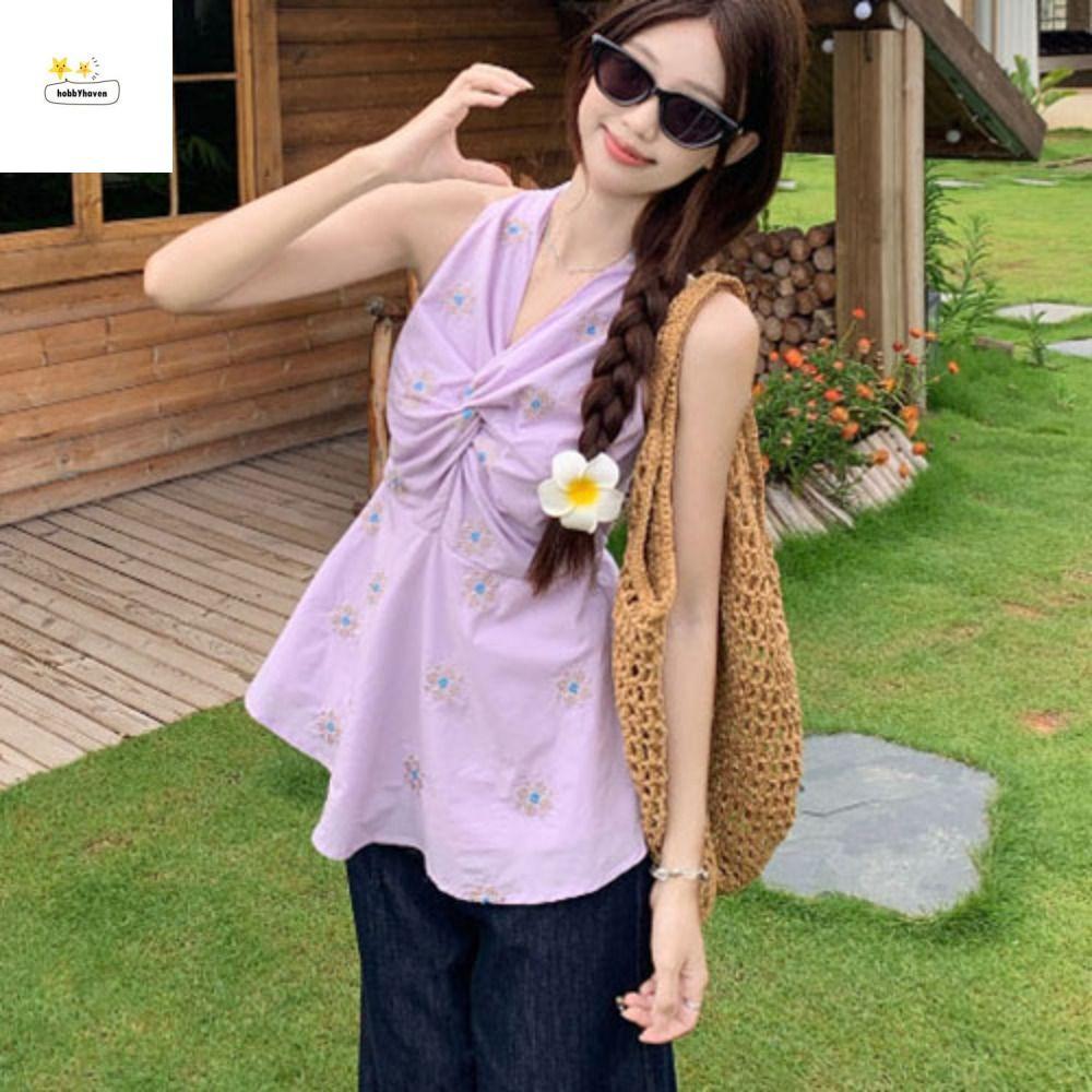 HOBBYHAVEN ปักดอกไม้ Camisole คอรัดตัว แขนกุด สไตล์หวานๆ เหมาะสำหรับเสื้อยูกaat ริมทะเลในฤดูใบไม้ผลิ