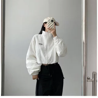 Bella shop แจ็คเก็ตวินเทจบางเบา เสื้อคลุมสั้นผู้หญิง แขนยาว ซิปรูดเป็นคอสูงได้ ดีไซน์ลายปัก