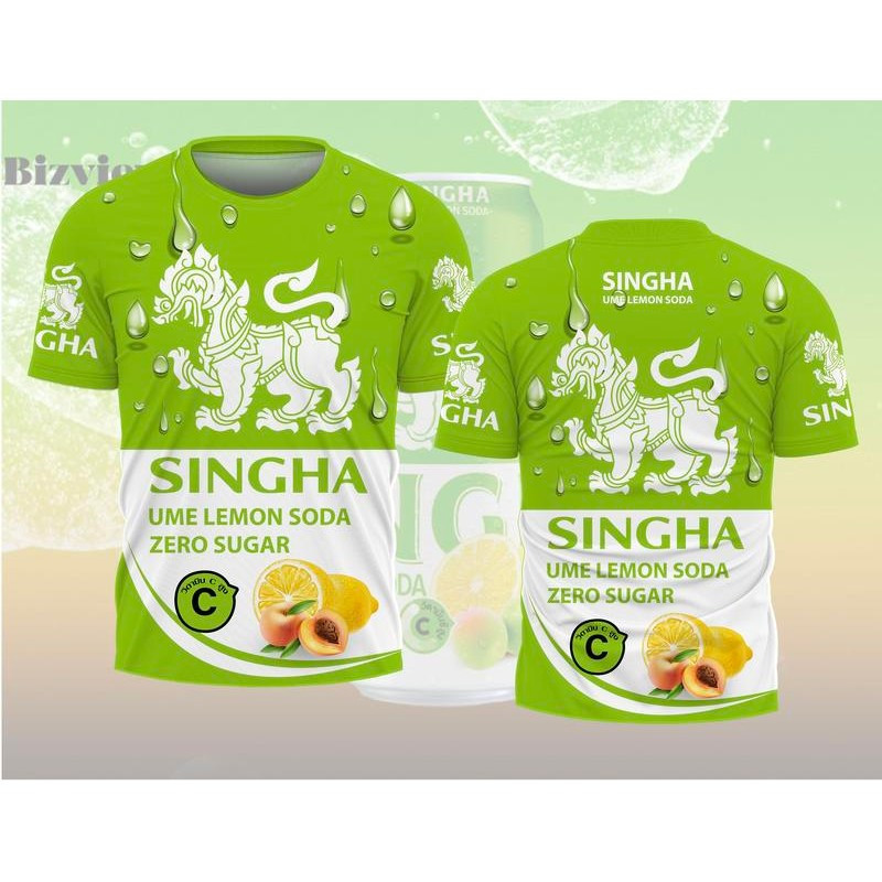 พิมพ์เสื้อยืดแขนสั้น ออกแบบธีมเครื่องดื่ม Singha Thai Lion Beer และ Ume Lemon Soda Zero Sugar ในสไตล