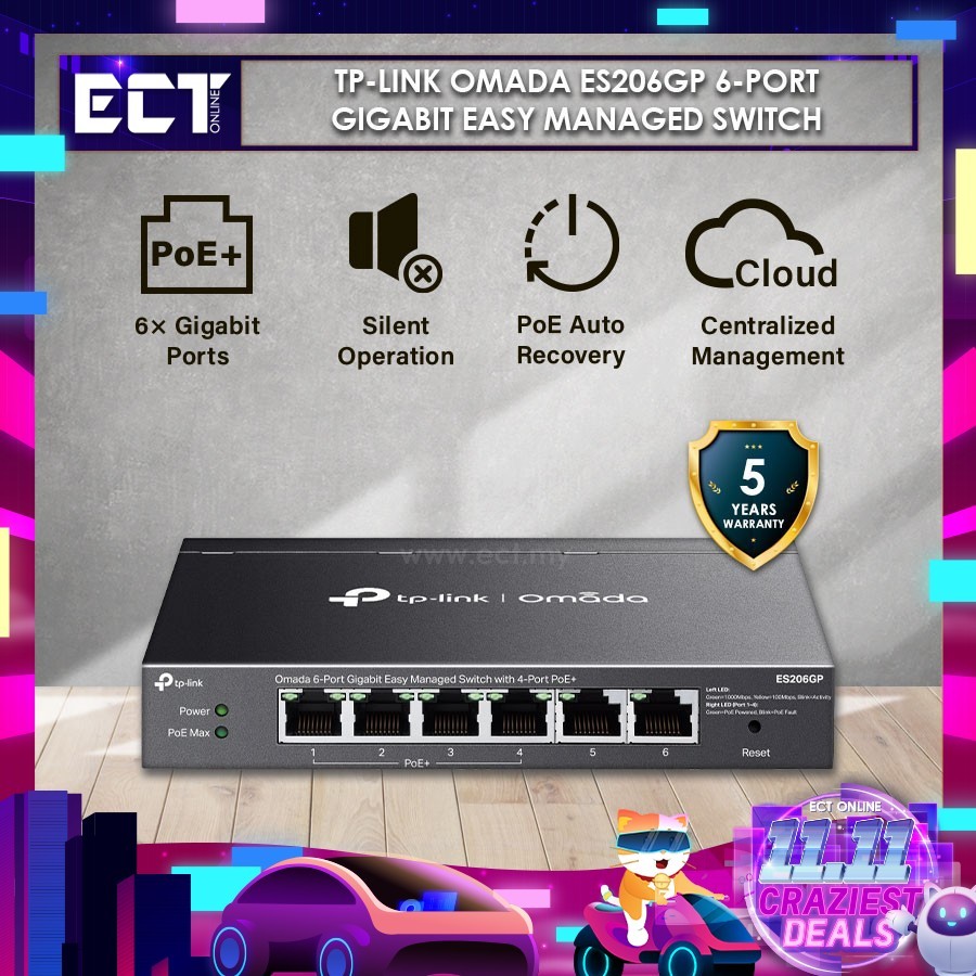 TP-Link Omada ES206GP 6-Port Gigabit Easy Managed Switch พร้อม PoE 4-Port+