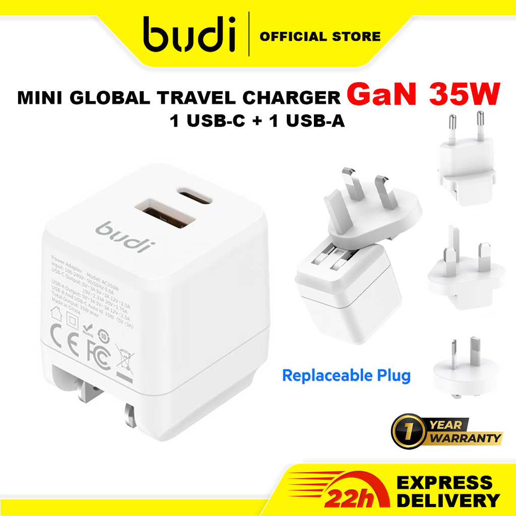 Budi GaN International Charger Adapter 35W PD QC3.0 Fast Charging Global Travel Plug